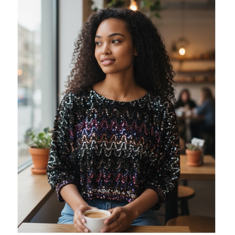 THREE FLAGGS Vintage Sequin Dolman Sleeve Top